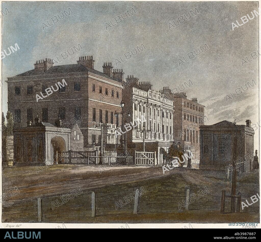 Apsley House, Hyde Park Corner, London, 1810. View showing the original red-brick house built by Robert Adam in 1771-1778 and the Hyde Park Corner toll gate. By 1830 Apsley house had been enlarged and remodelled by Benjamin Dean Wyatt to be the Duke of Wellington's main London residence, popularly known as No. 1, London. From the Mayson Beeton Collection.
