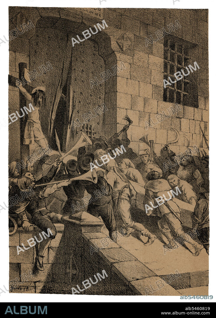 Catalunya. Barcelona. Siglo XVII. Corpus de sangre. Revuelta protagonizada en Sant Andreu de Palomar el 7 de junio de 1640, dia de Corpus, por un grupo de segadores disconformes con la pretensión de que fueran alojadas en el interior de las poblaciones las tropas del ejército real enviadas a Catalunya a causa de la guerra con Francia en 1635. Grabado de 1881.