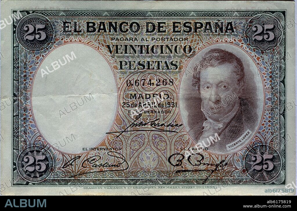 BILLETE DE VEINTICINCO PESETAS DEL BANCO DE ESPAÑA DEL TIEMPO DE LA SEGUNDA REPUBLICA ESPAÑOLA - 1931 - ANVERSO.