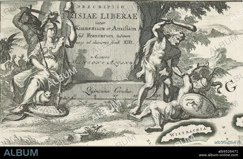 Allegorical representation with Dutch Virgin and Hercules, Descriptio Frisiae liberae inter Kinnemum et Amisian (...) (title on object), On the left beside a stone sits the Dutch Virgin with a lance on which hangs the freedom hat, at her feet a cat. Behind her is a man with a sword. To the right, Hercules with his club defeats a blindfolded man with a shield on which is a wolf. Detail of a map of the Frisian areas of Holland and Germany in Roman times., print maker: Joseph Mulder, (mentioned on object), after own design by: Joseph Mulder, (mentioned on object), publisher: Henricus Wetstein, Amsterdam, 1697 - 1700 and/or 1725, paper, etching, engraving, height 110 mm × width 186 mm.