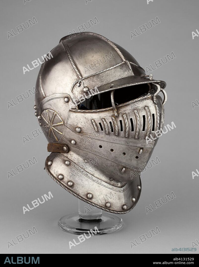 Burgonet with Falling Buffe possibly from an Armor of William Herbert, Earl of Pembroke. English; Greenwich. Date: 1550-1560. Dimensions: H. 21.6 cm (8 1/2 in.)
Wt. 4 lb. 7 oz. Steel, gilding, and leather. Origin: Greenwich.
