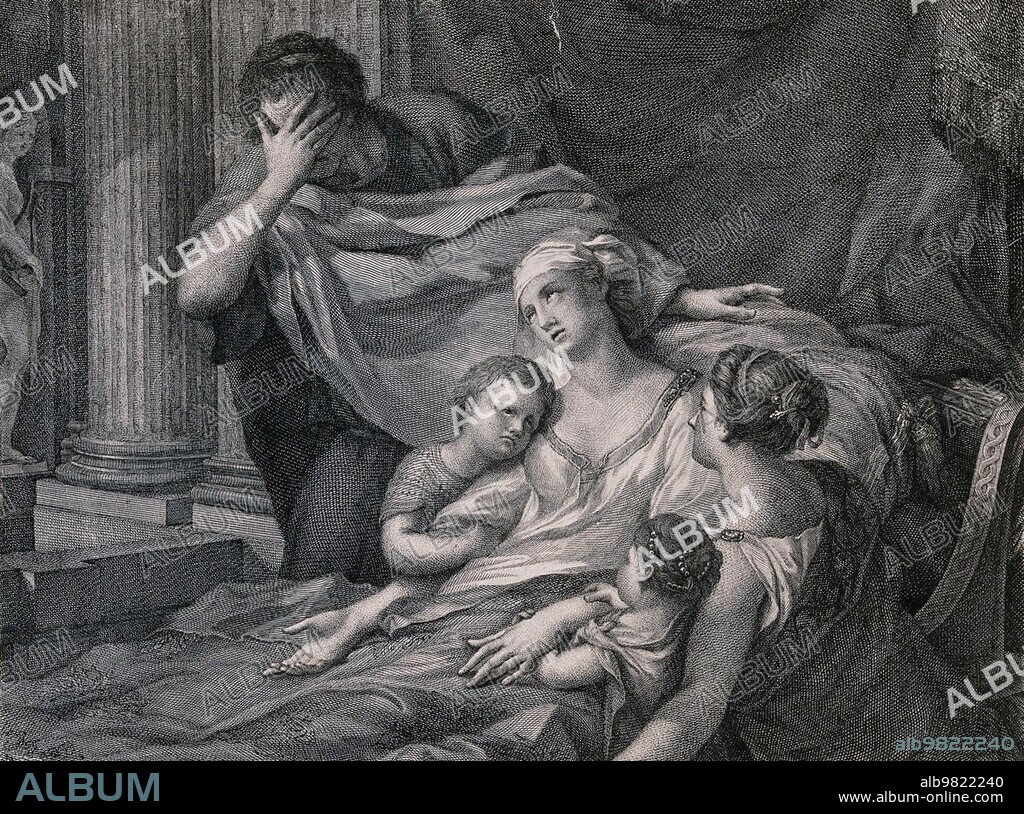 The dying Alcestis is surrounded by her family; in Greek mythology the daughter of the Iolcian king Pelias; son of Poseidon; and his wife Anaxibia; Opera scene from 1880; Historical; digitally restored reproduction from a 19th century original.