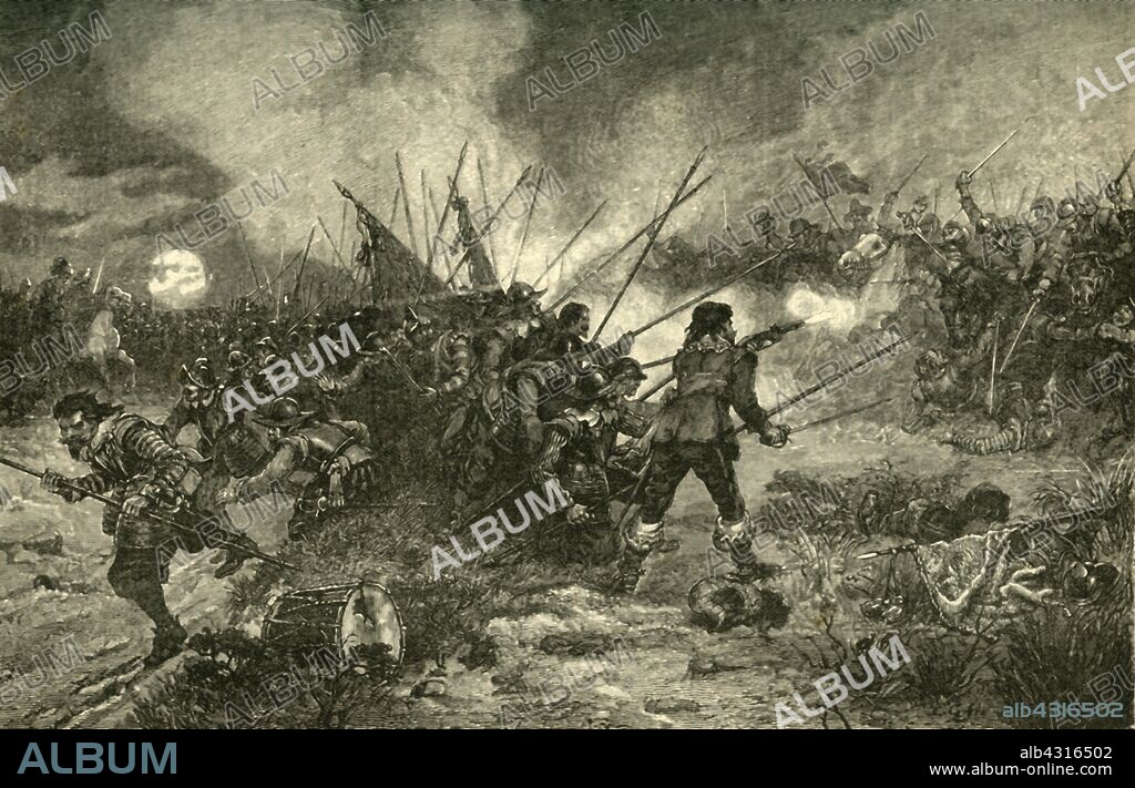 'The Battle of Marston Moor', (2 July 1644), 1890. The Battle of Marston Moor on 2 July 1644, during the First English Civil War. English Parliamentarians under Lord Fairfax and the Earl of Manchester and Scottish Covenanters under the Earl of Leven defeated  Royalists commanded by Prince Rupert of the Rhine and the Marquess of Newcastle. From "Cassell's Illustrated Universal History, Vol. IV - Modern History", by Edmund Ollier. [Cassell and Company, Limited, London, Paris and Melbourne, 1890].