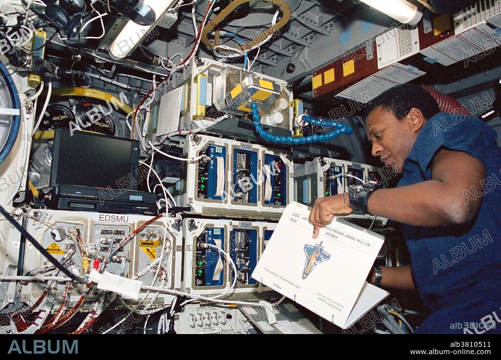 Astronaut Anderson, STS-107 payload commander, reads a checklist for the Fundamental Rodent Experiments Supporting Health (FRESH-2) Experiment in the SPACEHAB Research Double Module (RDM) aboard the Space Shuttle Columbia. Michael Phillip Anderson (December 25, 1959 - February 1, 2003) was a US Air Force officer and NASA astronaut. Selected by NASA in December 1994, Anderson reported to the Johnson Space Center in March 1995. He flew on missions STS-89 and STS-107, logging over 593 hours in space. The STS-107 mission ended on February 1, 2003 when the Space Shuttle Columbia reentered the atmosphere. When heading down towards the surface of the earth with fans supporters and citizens watching from below, the spaceship imploded apart. Anderson perished instantly during the break-up and his body was discovered in a farm-field in a country-side of Texas. He was 43 years old and left behind a wife and two daughters, ages 9 and 11.