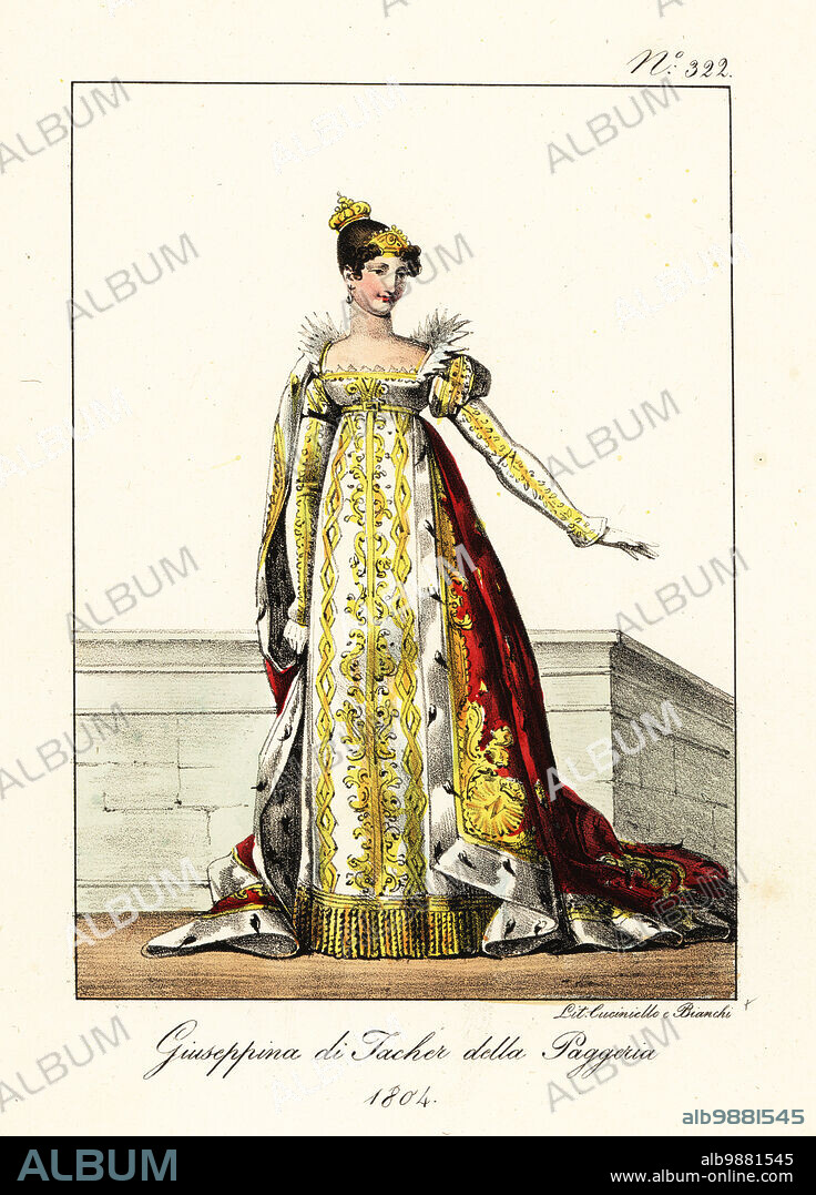 Empress Josephine of France in ceremonial robes at her coronation, 1804. Josephine Bonaparte, or Josephine de Beauharnais, 1763-1814. In gold crown, white and gold gown, scarlet cape with gold embroidery and ermine trim. Josephine de Tacher de la Pagerie, 1804. Handcoloured lithograph by Lorenzo Bianchi and Domenico Cuciniello after Hippolyte Lecomte from Costumi civili e militari della monarchia francese dal 1200 al 1820, Naples, 1825. Italian edition of Lecomtes Civilian and military costumes of the French monarchy from 1200 to 1820.