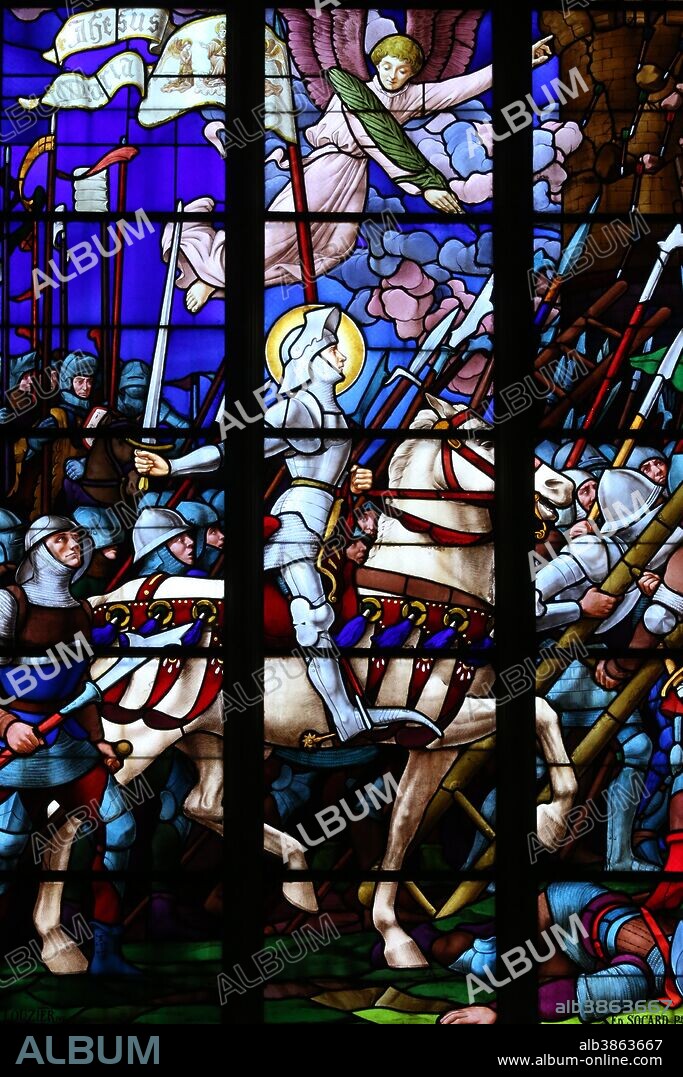 Auxerre cathedral dedicated to Saint Stephan. Stained glass window. Joan of Arc (Jeanne d'Arc) is considered a heroine of France for her role during the Lancastrian phase of the Hundred Years' War France.
