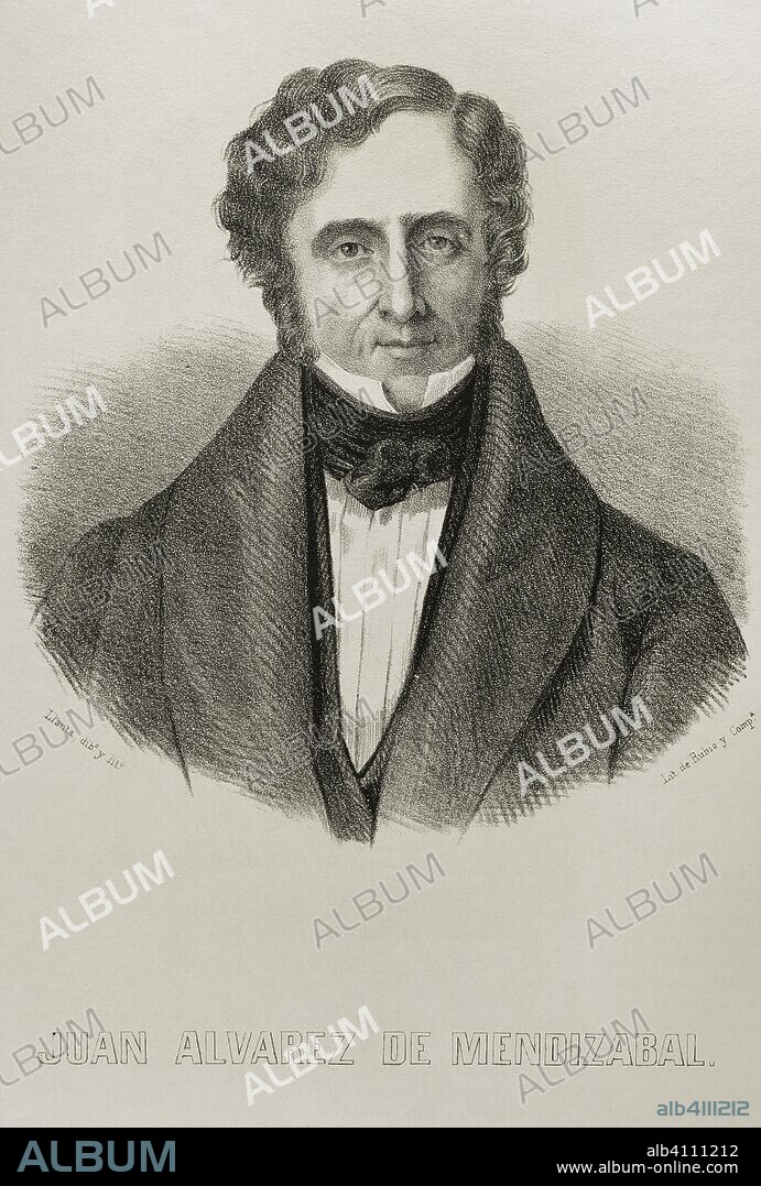 Juan Alvarez de Mendizabal (1790-1853). Spanish Liberal politician and businessman. Drawing by Santiago Llanta. Portrait. Lithography. Cronica General de Espa–a, Historia Ilustrada y Descriptiva de sus Provincias. Castilla-La Nueva, 1869.