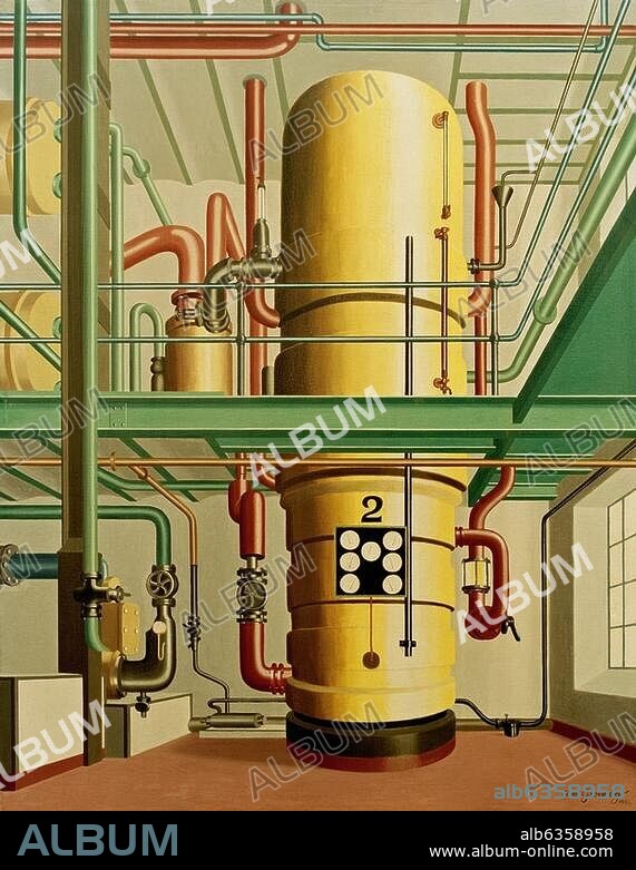 CARL GROSSBERG. Grossberg, Carl, 1894-1940, German artist. "Der gelbe Kessel" (The yellow tank), 1933. Oil on panel, 94 × 74 cm. Wuppertal, Von der Heydt-Museum.
