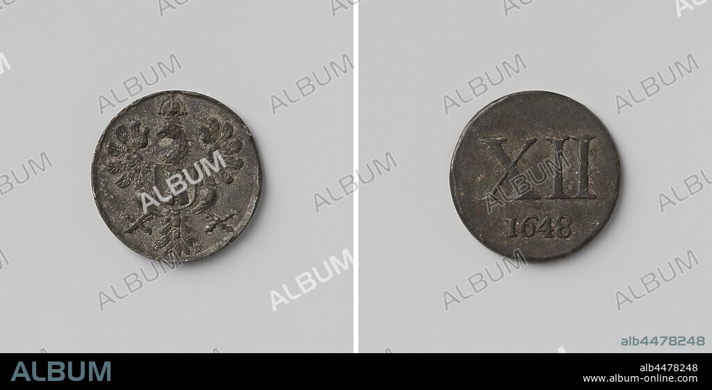 Vro Gereedschap from Middelburg, Medal worth 12 pence, Medal. Front: crowned eagle with coat of arms for chest. Reverse: Roman numeral XII above year, Middelburg, Johannes Looff, 1648, alloy, striking (metalworking), d 2.4 cm × w 5.17 gr.