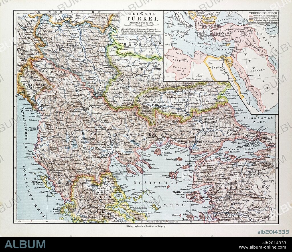 MAP OF MONTENEGRO, SERBIA, MACEDONIA, NORTHERN GREECE, BULGARIA, ALBANIA, WESTERN TURKEY, 1899.