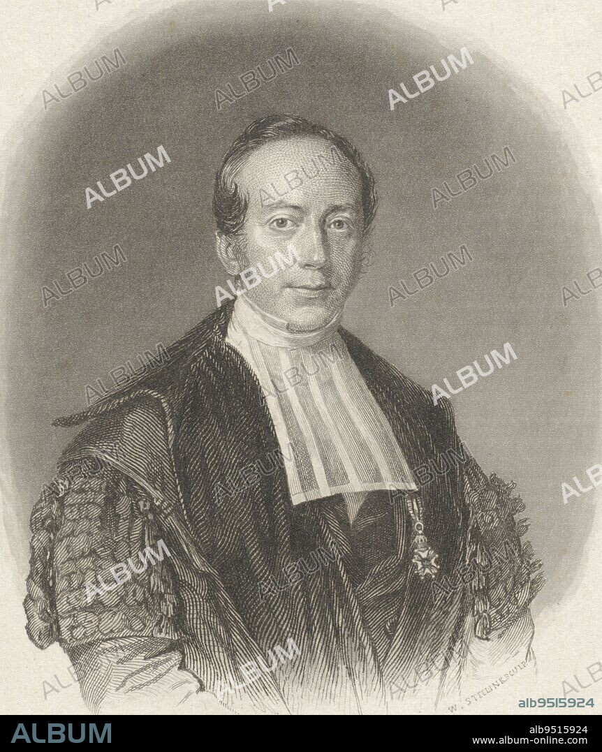Portrait of Bernard ter Haar, reformed pastor in Arnhem and Amsterdam, professor of theology in Utrecht, dressed in toga with white bonnet, Portrait of Bernard ter Haar, print maker: Willem Steelink (I), (mentioned on object), intermediary draughtsman: Johan Heinrich Neuman, (mentioned on object), Amsterdam, 1860, paper, steel engraving, etching, h 185 mm × w 120 mm.