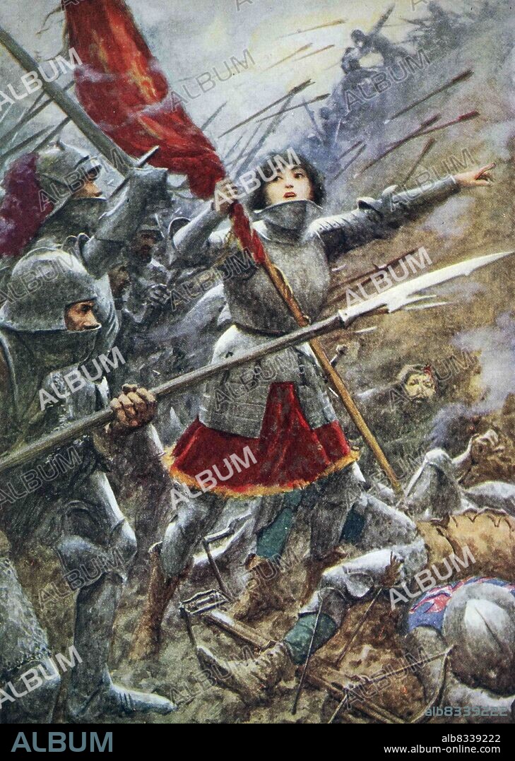Painting of Joan of Arc in battle. Joan of Arc (c. 1412 - 30 May 1431), nicknamed The Maid of Orleans (French: La Pucelle d'Orleans), is considered a heroine of France for her role during the Lancastrian phase of the Hundred Years' War, and was canonized as a saint.