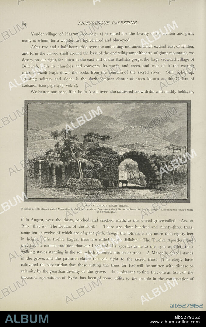 Roman bridge near Juneh. It spans a little stream called Ma'amiltein, which in the water flows from the hills to the beautiful bay of Juneh. Adjoining the bridge there is a Syrian khan., text, Prints, 1881 - 1884, Woodward, John Douglas (1846-1924).
