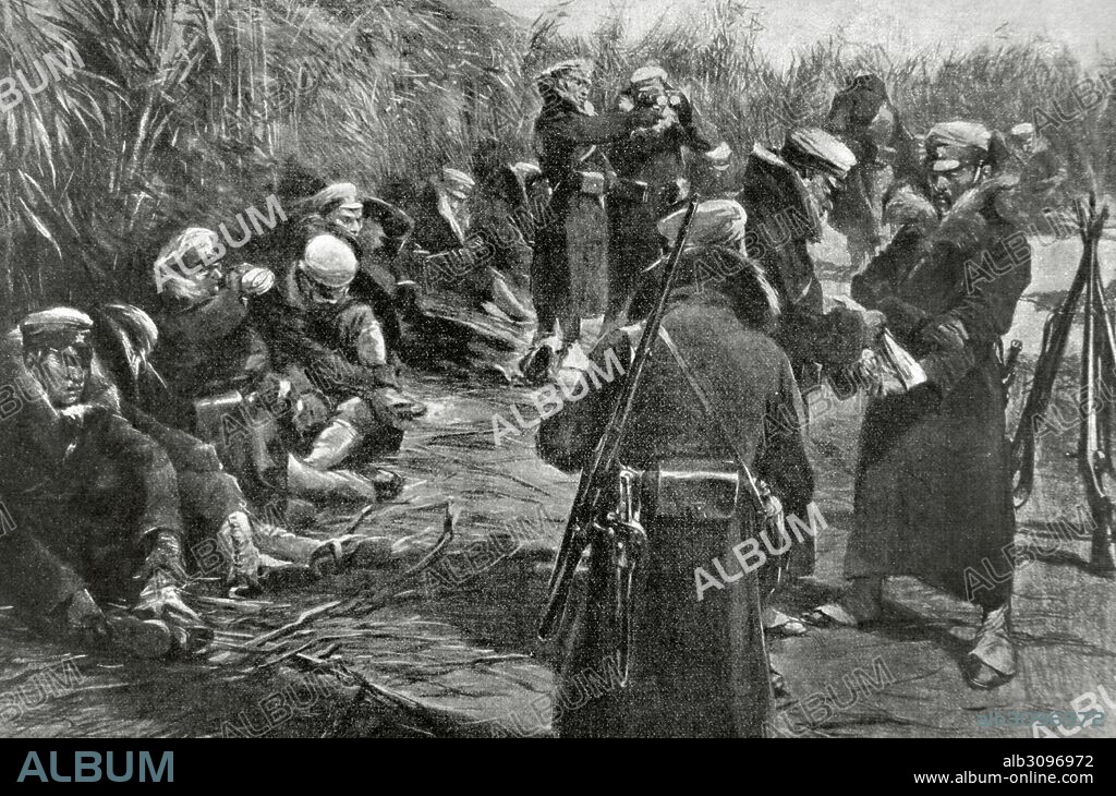 GUERRA RUSO-JAPONESA (1904-1905). Japón entró en guerra con Rusia con la finalidad de asegurarse intereses capitales en Corea y sur de Manchuria. "Puestos avanzados japoneses del ejército del general Nodzu, en la Manchuria (China), en la línea del Cha-Ho". Dibujo de C. Clark, tomada de una fotografía.