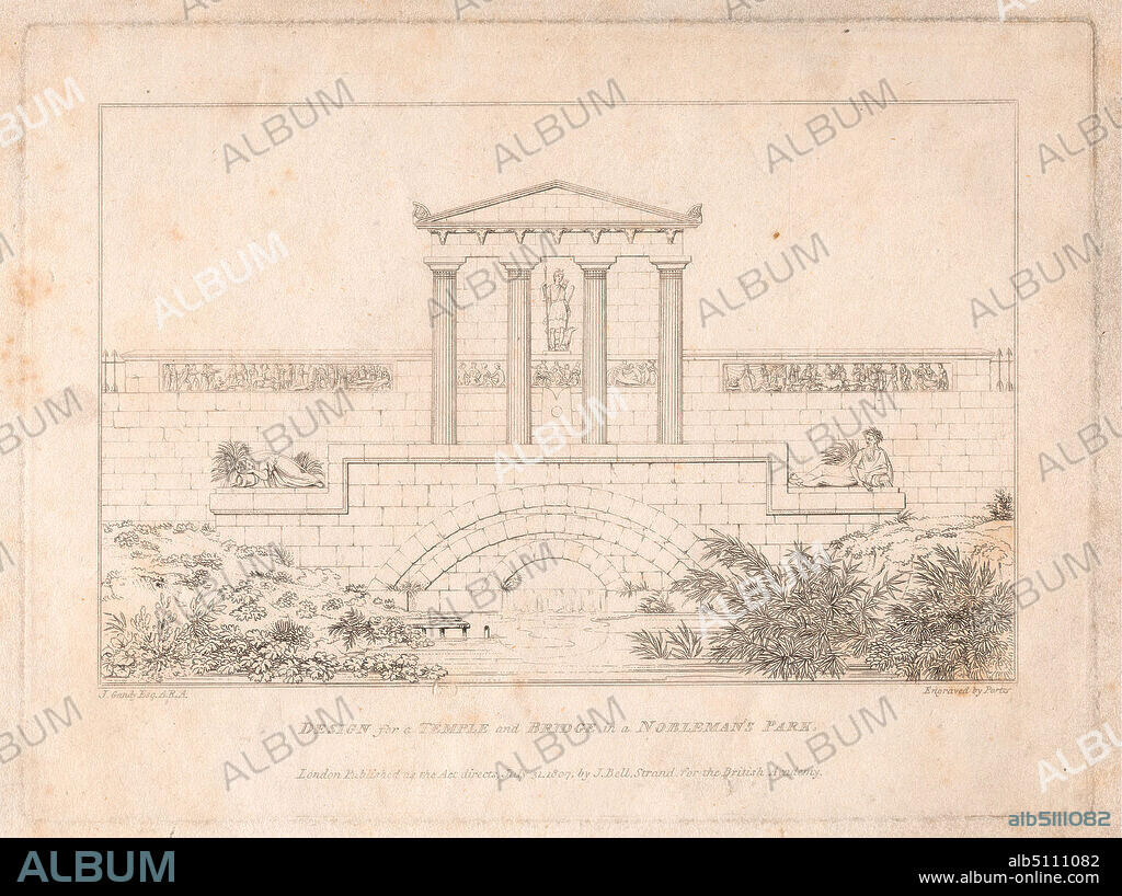 Design for a Temple and Bridge in a Nobleman's Park, John Porter, active 1838, after Joseph Michael Gandy, 17711843, British, 1807, Engraving, Sheet: 10 x 8in. (25.4 x 20.3cm).