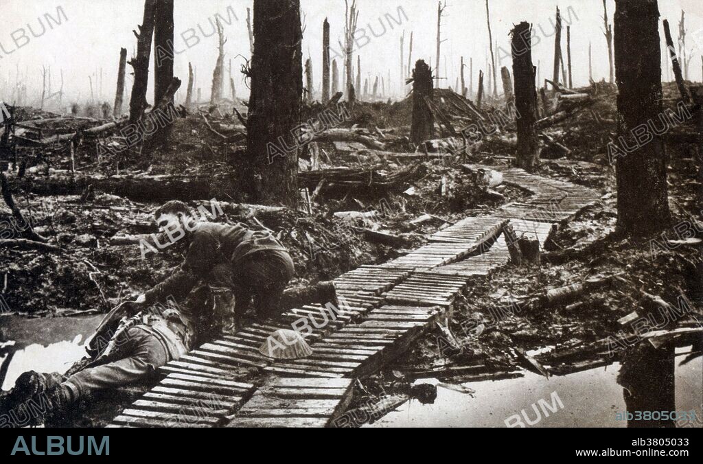 Identification papers are collected from a dead British soldier, ChÃ¢teau Wood, October 1917. The Battle of Passchendaele was a campaign of WWI, fought by the British and their allies against the German Empire. The battle took place on the Western Front, between July and November 1917, for control of the ridges south and east of the Belgian city of Ypres in West Flanders. Passchendaele lay on the last ridge east of Ypres, five miles from a railway junction at Roeselare, which was a vital part of the supply system of the German Fourth Army. The resistance of the German Fourth Army, unusually wet weather, the onset of winter and the diversion of British and French resources to Italy, allowed the Germans to avoid a general withdrawal. The campaign ended in November when the Canadian Corps captured Passchendaele. In his memoirs (1938) Lloyd George, British Prime Minister during WWI, wrote, "Passchendaele was indeed one of the greatest disasters of the war ... No soldier of any intelligence now defends this senseless campaign ...".