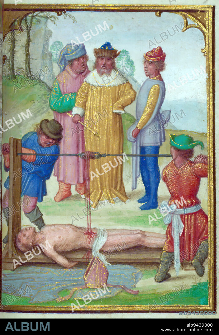 Prayer Book, St. Erasmus martyred, This Prayer Book, likely completed in Bruges ca. 1510-20, contains eight extant full-page miniatures, twelve calendar illustrations, and ten illuminated margins. The artistic style is similar to that of Simon Bening, but its relationship to him has not been firmly established. It is a small devotional text, sized to fit easily into the palm of the supplicant. The book is bound in violet velvet with ornate, chiseled silver-gilt furnishings and has a kid-lined violet velvet case for further protection and decoration. As for the devotional content of the Prayer Book, this manuscript is at first striking for its multilingual prayers; the text alternates between mostly German and Latin prayers, although the last section of the book, a part that remains unfinished, is written in French. Contents are indicative of an intended German owner, but there remain some Netherlandish feasts with irregular dates. Although diminutive in size, this manuscript is rich in content, heritage, and decoration.
