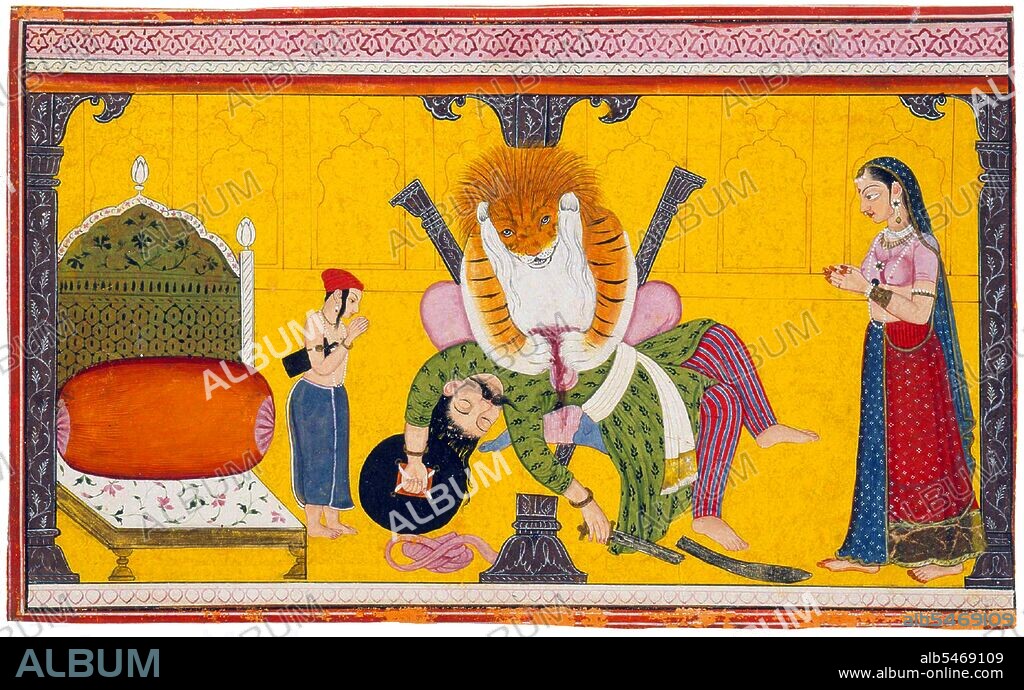Prahlada is a character from the Puranic texts of Hinduism, wherein he is famed for his exclusive devotion (bhakti) to Vishnu, despite attempts in the story by his father, Hiranyakashipu, to turn him to the contrary. He is considered to be a mahajana, or great devotee, by followers of Vaishnava traditions and is of special importance to devotees of the avatar of Narasimha, the Man-Lion. Despite several warnings from his father Hiranyakashipu, Prahlada continues to worship Vishnu. His father tries to poison him, get him trampled by the elephants, and put him in a room with venomous snakes, but Prahlada survives each and every time. Holika, the sister of Hiranyakashipu, has a special shawl that would prevent fire affecting the person wearing it. One day, Hiranyakashipu orders Prahlada to sit on a pyre on the lap of Holika. Prahlad prays to Lord Vishnu to keep him safe. When the fire starts, Holika burns to death, while Prahlada remains unharmed. This incident is celebrated as the Hindu festival of Holi. After tolerating much abuse from his father Hiranyakashipu, Prahlada is eventually saved by Vishnu in the form of Narasimha, the half-man, half-lion avatar.