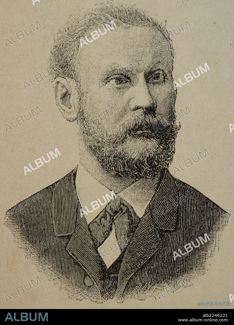 OTTO LILIENTHAL (1848-1896). Ingeniero industrial y aeronáutico alemán. Pionero en el estudio del vuelo. Grabado de "La Ilustración Artística", 1890.