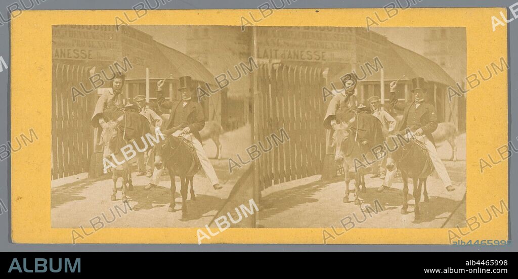 Man wearing a top hat and a woman riding donkeys, donkey riding (on the beach), head gear: top hat, Europe, anonymous, France, c. 1850 - c. 1880, cardboard, photographic paper, albumen print, h 85 mm × w 170 mm.