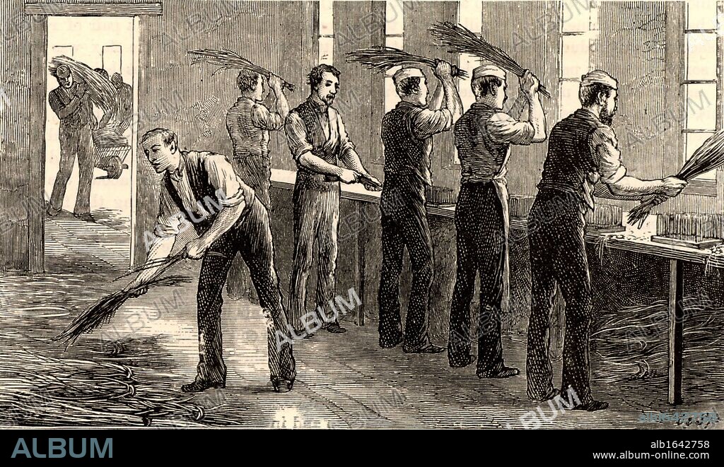 Hackling Flax by hand. The stalks were broken apart by beating down on a metal comb.  They were then retted (rotted) in water to remove the soft tissue, leaving the fibrous material.  The long fibres of the stem Flax plant (Linum) were processed to produce linen.  Engraving from "Great Industries of Great Britain" (London, c1880).  (Photo by: Universal History Archive/UIG via Getty Images).
