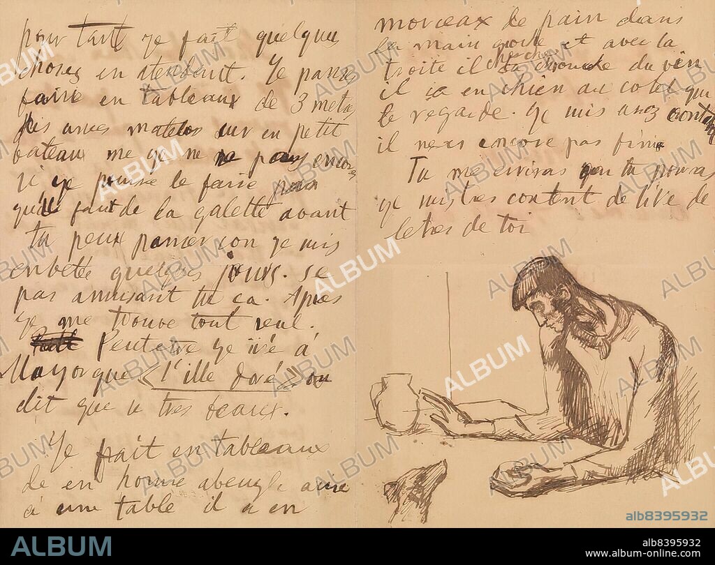 Pablo Picasso. Letter with Blind Man and Dog, 1903. Pen and brown ink on wove paper with black margins, Overall: 8 x 10 3/8 in. (20.3 x 26.4 cm). Barnes Foundation BF714. In Copyright.