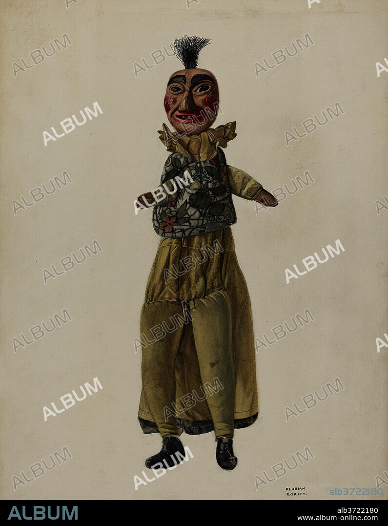 FLORIAN ROKITA. "Punch" Clown Puppet. Dated: c. 1937. Dimensions: overall: 48.6 x 37.8 cm (19 1/8 x 14 7/8 in.)  Original IAD Object: 22 1/2" high. Medium: watercolor and graphite on paperboard.