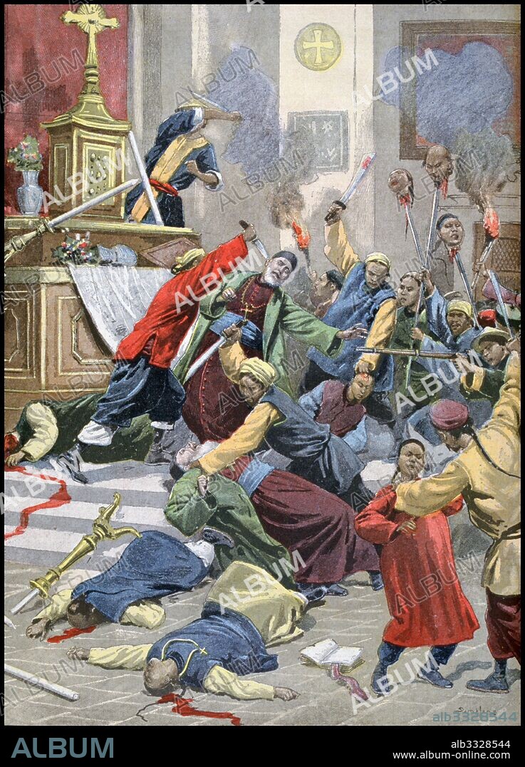 Boxer rebels commit atrocities in the cathedral at Mukden in Manchuria, China 1900. the Boxer Uprising or Yihequan Movement. was a violent anti-foreign and anti-Christian uprising that took place in China between 1899 and 1901, towards the end of the Qing dynasty.