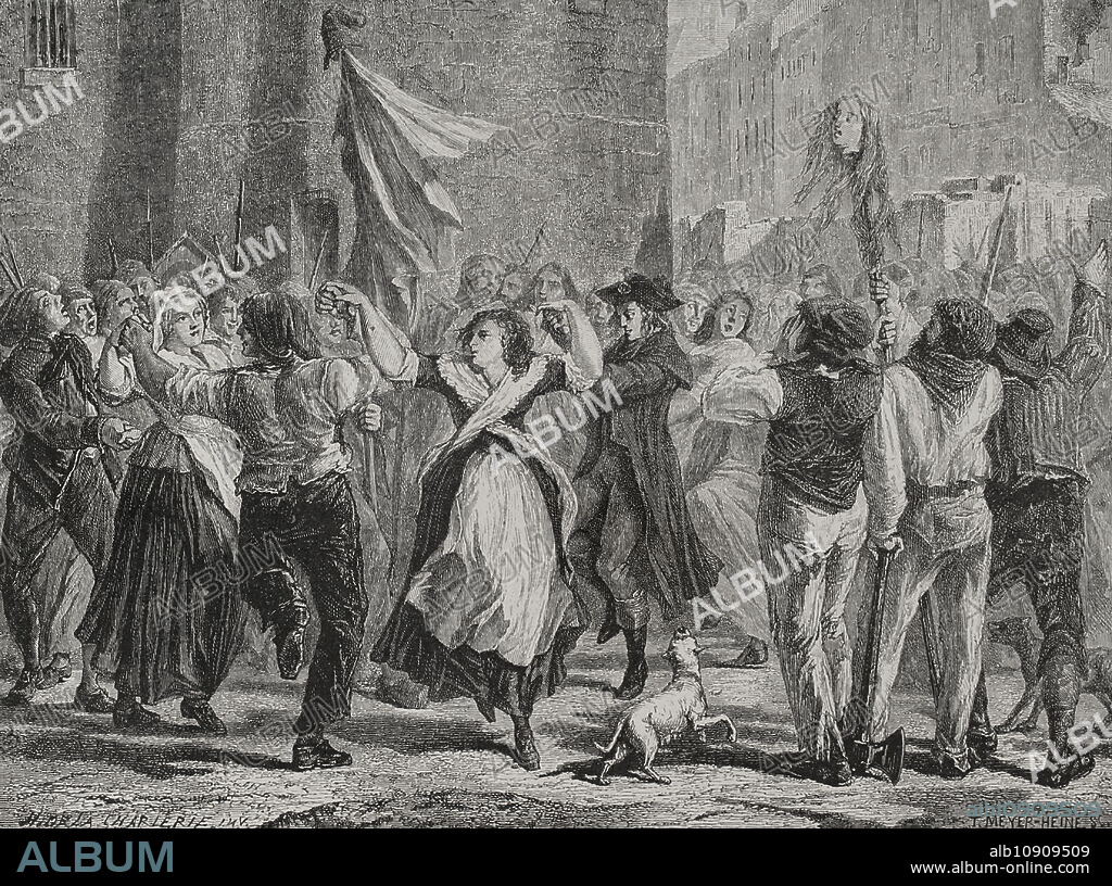 HIPPOLYTE DE LA CHARLERIE (1827-1869). BELGIAN ARTIST.. French Revolution. September Massacres (2 to 6 September 1792). The revolutionaries executed mass murders among the prison population all over France, mainly in Paris. The rebels parading the head of the Princesse de Lamballe (Marie Thérèse Louise of Savoy) through the streets. Drawing by Hippolyte de la Charlerie. Engraving by Théodore Meyer-Heine. "History of the French Revolution". Volume I, 1876.