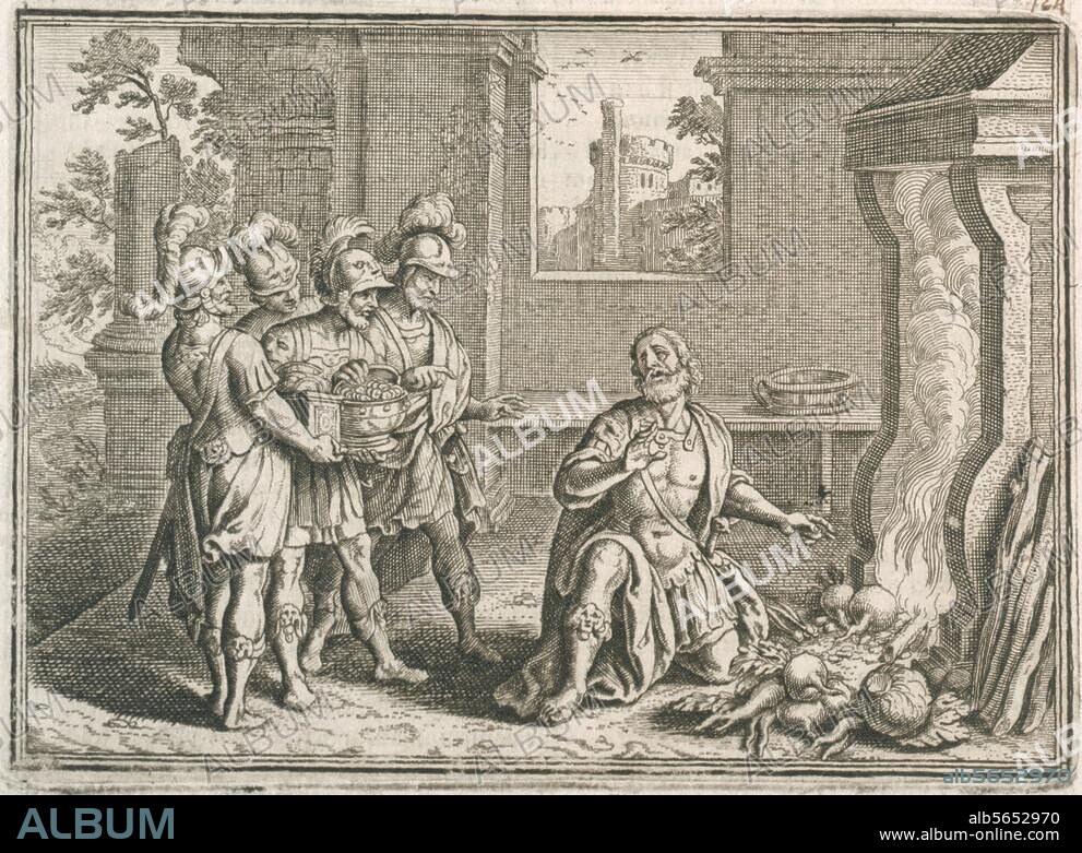 Curius Dentatus, Manius; röm. Heerführer u. Konsul (290, 275 u. 273 v. Chr.). Curius Dentatus weist die Geschenke der Samniten zurück. Kupferstich von Matthäus Merian d. Ä. (1593-1650). Aus: Johann Ludwig Gottfried, Historische Chronica, Frankfurt a. M. (M.Merian) 1630, S. 196. Berlin, Sammlung Archiv für Kunst und Geschichte.