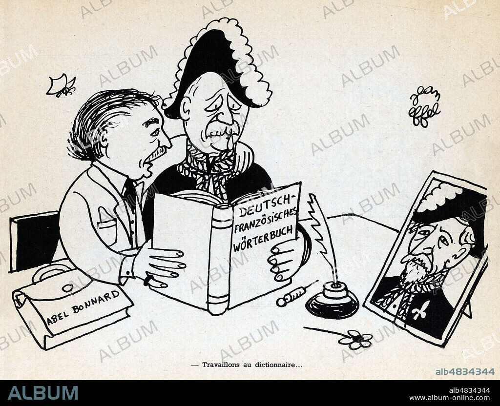 Abel BONNARD a PETAIN devant le portrait de MAURRAS : Travaillons au dictionnaire franco-allemand). Caricature de 1945 par Jean EFFEL (1908-1982) pour Jours sans alboches. ADAGP. Credit : Collection Jonas/Kharbine-Tapabor.