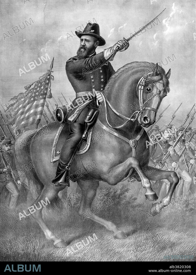 Lithograph entitled: 'Come on boys! Harrison in uniform, on horseback, leading a brigade of soldiers.' The Battle of Resaca was part of the Atlanta Campaign of the Civil War. The battle was waged in Georgia, from May 13-15, 1864. It ended inconclusively with the Confederate Army retreating. Benjamin Harrison (August 20, 1833 - March 13, 1901) was the 23rd President of the United States (1889-1893). During the American Civil War, he served the Union as a Brigadier General in the XX Corps of the Army of the Cumberland. Harrison, a Republican, was elected to the presidency in 1888, defeating the Democratic incumbent Grover Cleveland. His administration is remembered most for economic legislation, including the McKinley Tariff and the Sherman Antitrust Act, and for annual federal spending that reached one billion dollars for the first time. Defeated by Cleveland in his bid for re-election in 1892, Harrison returned to private life in Indianapolis. He died in 1901 from complications from influenza. He was 67 years old. He is to date the only US president from Indiana and the only one to be the grandson of another president (William Henry Harrison, 9th American President).