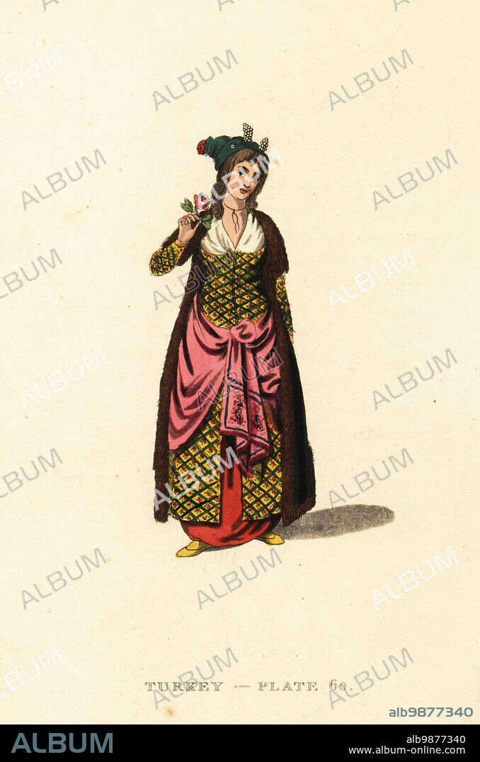 Costume of a Kaddin in the Seraglio, Ottoman Empire. The six or seven Kaddins or Kadeuns were high-ranking Odalisks or Sultanas in the Harem. Mostly Ukrainian and Circassian slaves. She wears a short-sleeved coat, quilted robe, girdle, yellow slippers. Handcoloured copperplate engraving after Octavian Dalvimart from William Alexanders translation of Picturesque Representations of the Dress and Manners of the Turks, Thomas MLean, London, 1814.