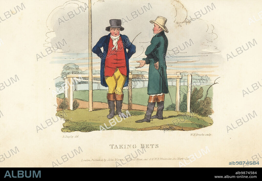 English gentleman placing a bet with a bookie at Newmarket racecourse, Regency era. Tom Takeall extending his gambling debts. Regency dandy in hat, riding coat, riding boots, with horse whip. Taking Bets. Handcoloured copperplate engraving by William Henry Brooke after a drawing by Richard Dagley from Takings, or the Life of A Collegian, John Warren, London, 1821.