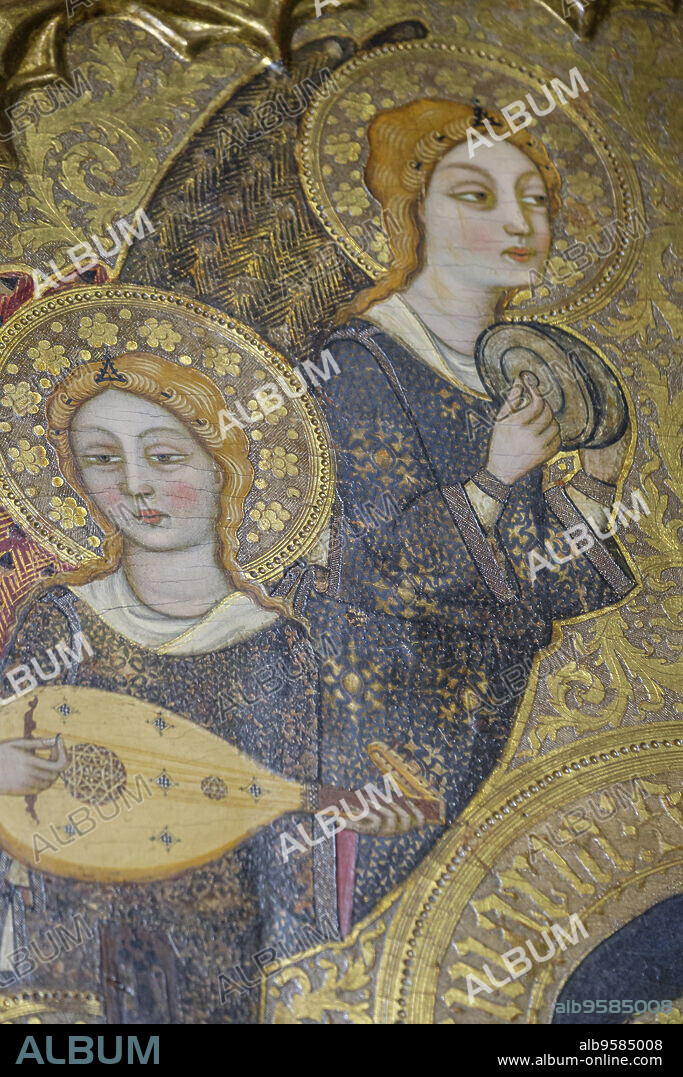angels with lute and angel with cymbals, Mother of God of humility with musical angels altarpiece, Francesc Comes, 1390-94, Parish of La Mare de Deu dels Angels, pollensa museum, Majorca, Balearic Islands, Spain.