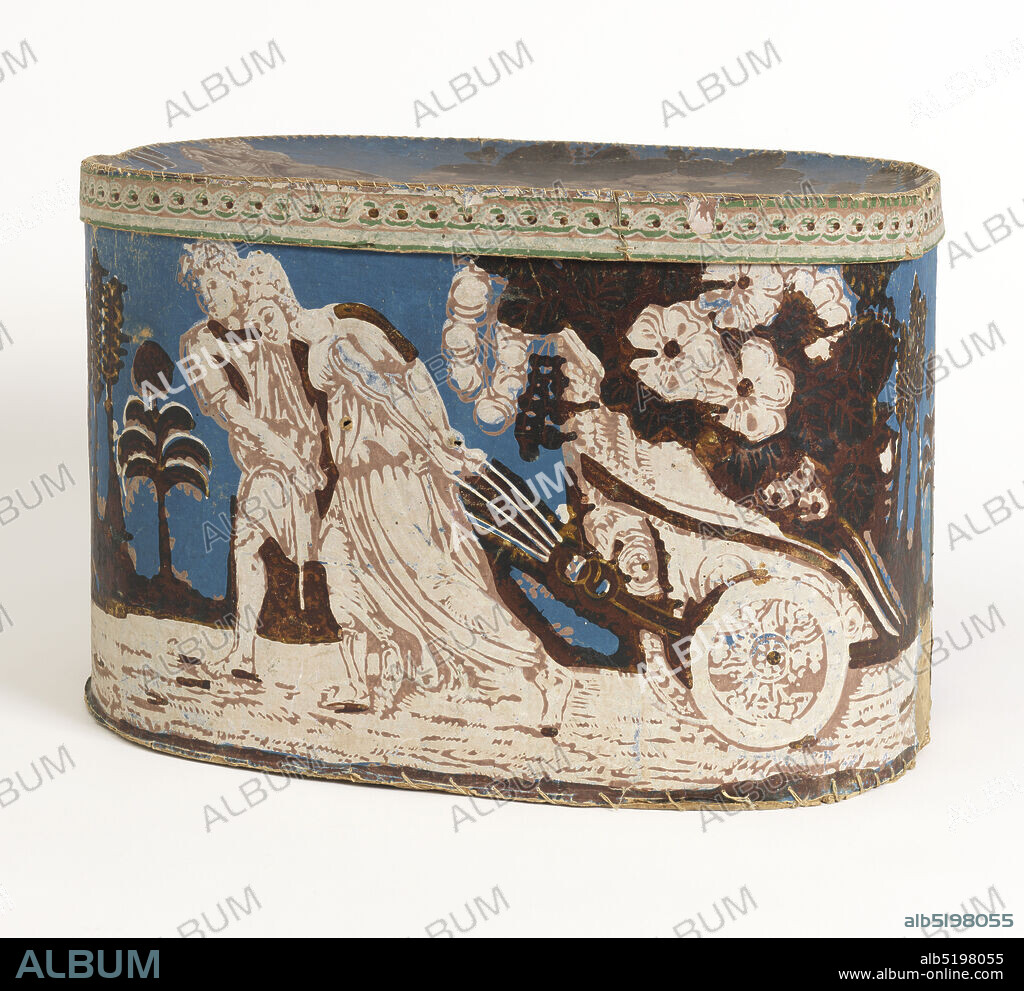 Bandbox, Block-printed paper, pasteboard support, varnish, Cardboard bandbox and lid covered with wallpaper with design called 'Quadriga Filled with Flowers.' Deep blue background, classically draped man and woman pulling chariot (quadriga) filled with flowers, white pink, deep red and yellow. Rim of lid, white and deep red redorte or link chain, block print., USA, ca. 1830, Wallcoverings, Bandbox.