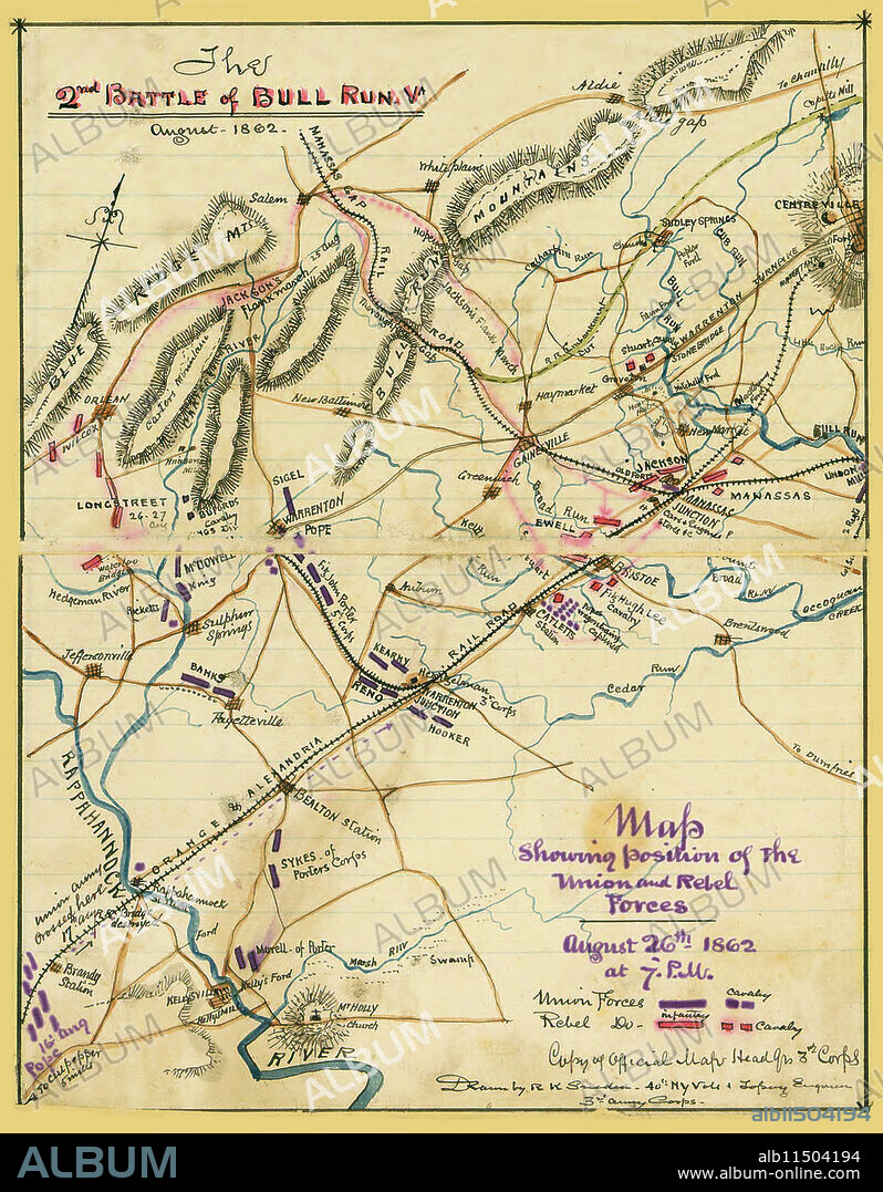 ROBERT KNOX SNEDEN. The 2nd Battle of Bull Run, Va., August 1862. Map showing position of the Union and Rebel forces, August 26th, 1862 at 7 p.m..  The 2nd Battle of Bull Run, Va., August 1862. Map showing position of the Union and Rebel forces, August 26th, 1862 at 7 p.m.