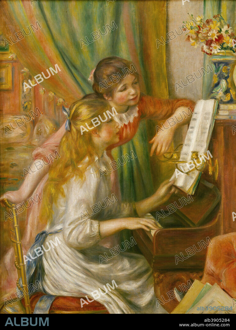 PIERRE AUGUSTE RENOIR. Jeunes filles au piano Young Girls at the Piano. Date/Period: 1892. Painting. Oil on canvas. Height: 1,160 mm (45.66 in); Width: 900 mm (35.43 in).