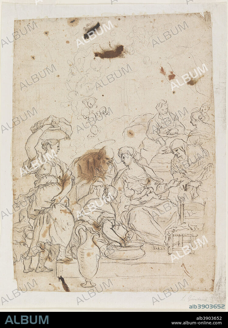 LUCA GIORDANO. Birth of the Virgin. Date/Period: 1650-75. Drawing. Pen and brown ink, black chalk on laid cream paper, lined.