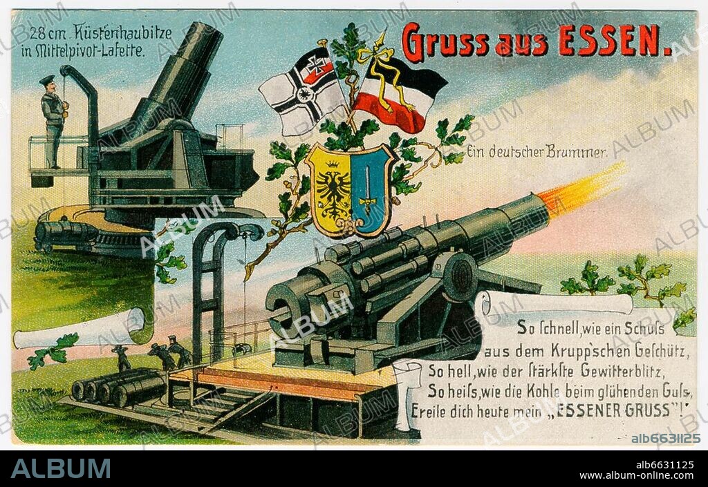 Militär / Waffen: Geschütze.-"Gruss aus Essen (...)" (Ferngeschütz und 28 cm Küstenhaubitze auf einer Lafette, hergestellt in den Essener Krupp-Werken, Deutschland).-Propagandapostkarte ( Farblithopgraphie), Erster Weltkrieg, um 1917 (Poststempel 21.2.1917).