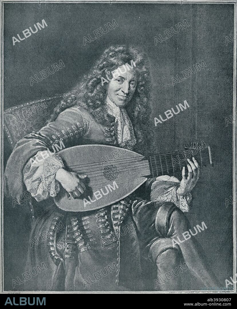 Charles Mouton, (c1626-1710). French lutenist and lute composer. (1909). By Gerard Edelinck (c1640-1707) after Francois de Troy (1645-1730). From The Connoisseur, Vol. XXIII by [Otto Limited, London, 1909].