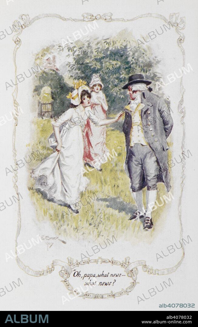 JANE AUSTEN and CHARLES EDMUND BROCK. "Oh papa, what news - what news ?". Illustration to 'Pride and Prejudice', the novel by Jane Austen. Pride and Prejudice. London : J. M. Dent & Sons, 1907. Source: 012208.g.2/3 opposite page 260. Language: English.