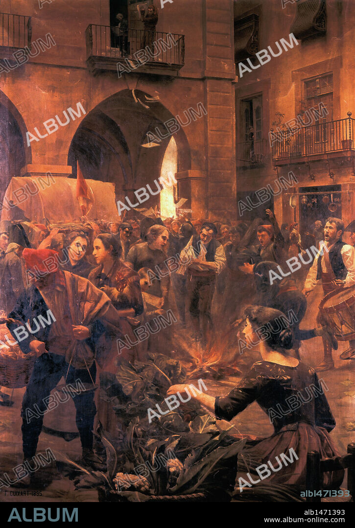 GUERRA DE LA INDEPENDENCIA ESPAÑOLA (1808-1814). (Guerra en territorio catalán). "El 4 de junio de 1808, una columna francesa al mando de Schwart, salió de Barcelona con órdenes de castigar a la ciudad de Manresa por la-quema del papel sellado francés-de Napoleón Bonaparte". "QUEMA DEL PAPEL SELLADO FRANCES EN LA PLAZA MAYOR DE MANRESA". Oleo de Francesc Cuixart i Barjau. Ayuntamiento de Manresa. Cataluña.