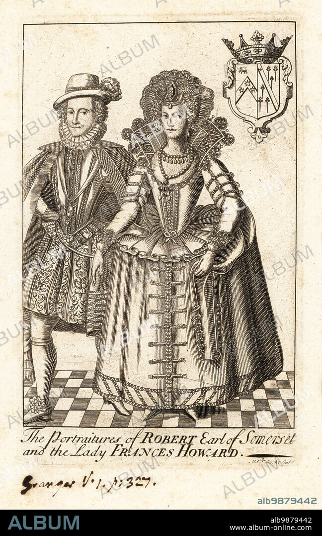 Robert Carr, Earl of Somerset, and Frances Howard, Countess of Somerset, notorious murderous English aristocrats. Sir Thomas Overbury was poisoned in prison by Howard's maid Anne Turner. In the trial in 1615, Frances and Robert were found guilty, but later pardoned by King James I.. Copperplate engraving by Gerard Vandergucht, published for William Granger, 18th century.