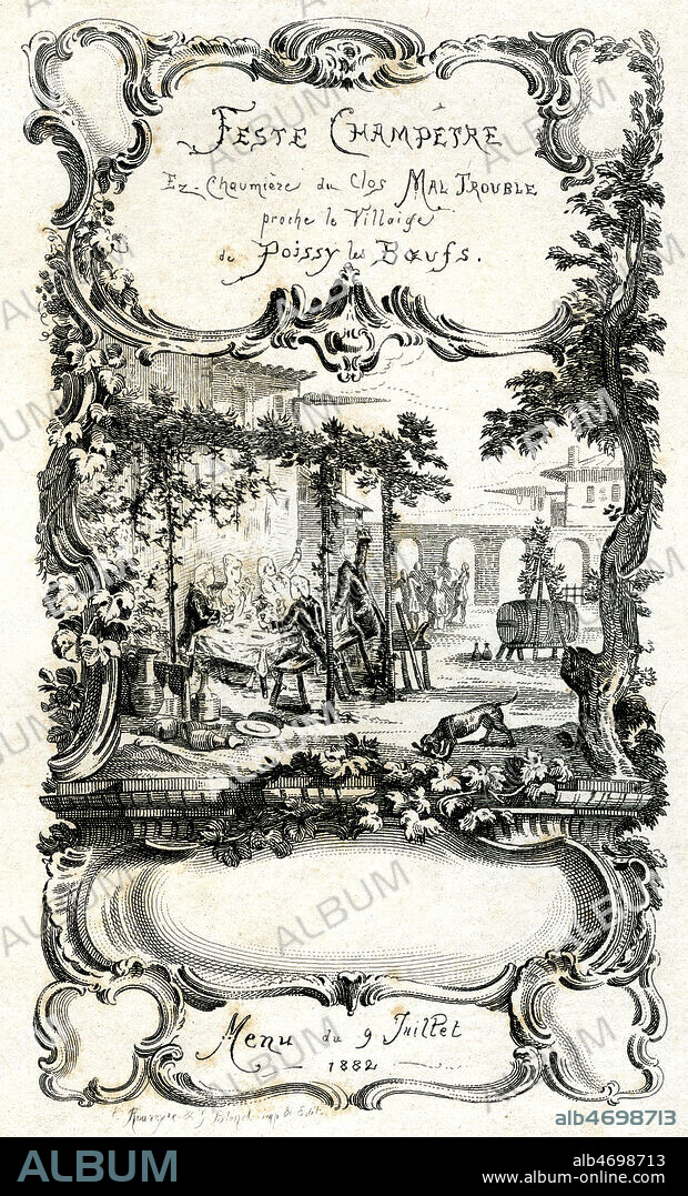 Menu de 1882 pour une fete champetre organisee a la chaumiere du clos Mal Trouble, pres de Poissy les Boeufs. Illustration anonyme representant un banquet en plein air. Credit : Collection IM/KHARBINE-TAPABOR.