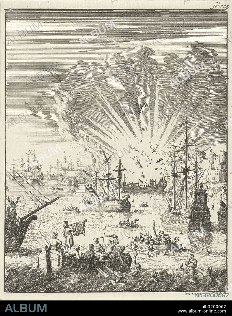 Sea Battle between Dutch and Spanish ships off the coast of Goa India, 1638, Jan Luyken, 1683.