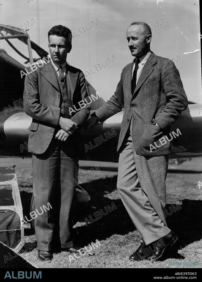 Right: John Stannage (left) and Capt. Taylor at Mascot yesterday. Behind is the Gannet plane, in which they leave at noon to-day to search for "Smithy". November 15, 1935.
