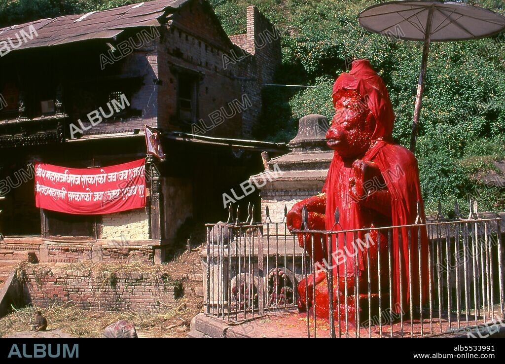 The Hindu deity Hanuman is an ardent devotee of Rama, a central character in the Indian epic Ramayana. A general among the vanaras, an ape-like race of forest-dwellers, Hanuman is an incarnation of the divine and a disciple of Lord Sri Rama in the struggle against the demon king Ravana.  The most revered Hindu site in Nepal is the extensive Pashupatinath Temple complex, five kilometres east of central Kathmandu. The focus of devotion here is a large silver Shivalingam with four faces of Shiva carved on its sides, making it a 'Chaturmukhi-Linga', or four-faced Shivalingam. Pashupati is one of Shiva’s 1,008 names, his manifestation as 'Lord of all Beasts' (pashu means 'beasts', pati means 'lord'); he is considered the guardian deity of Nepal.  The main temple building around the Shivalingam was built under King Birpalendra Malla in 1696, however the temple is said to have already existed before 533 CE. In 733 CE, King Jayadeva II erected in its precincts a stone tablet which chronicled all the kings of Nepal, beginning with the sun god. During the Muslim raids of 1349 the temple was largely destroyed, but in 1381 Jayasinharama Varddhana of Banepa restored it. Further renovations were conducted towards the end of the Malla period, and the latest extensive improvements were made in 1967.  Since the temple's inception, all the rulers of Nepal have taken great pains to pay their respects to it, to make donations, and to finance extensions.