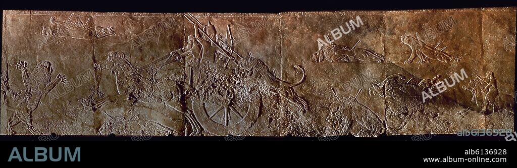 RELIEVE ASIRIO - ASURBANIPAL CAZANDO LEONES EN CARRO-CONJUNTO - SIGLO VII AC.