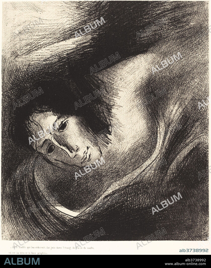 ODILON REDON. Et le diable qui les seduisait, fut jete dans l'etang de feu et de soufre, ou es la b ete et le faux prophete (And the devil thatdeceived them was cast into the lake of fire and  brimstone, where the beast and the false prophet are). Dated: 1899. Medium: lithograph.